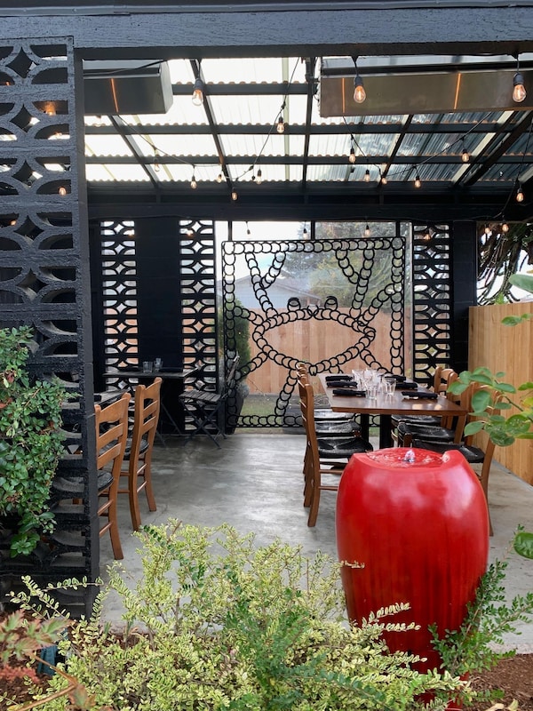 furniture, outdoor table, outdoor furniture, chair, shade, flowerpot