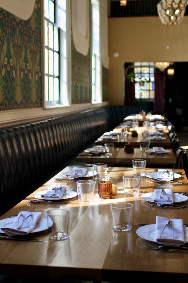 furniture, lighting, table, light fixture, ceiling, restaurant