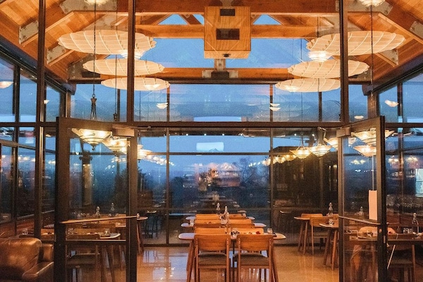 ceiling, lighting, restaurant, light fixture, glass, chair