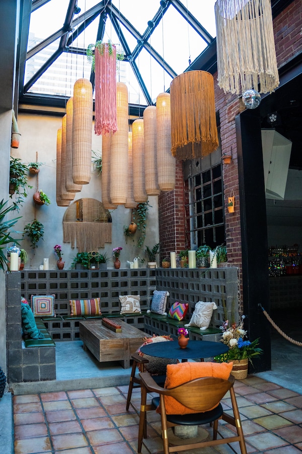 light fixture, flowerpot, chair, restaurant, houseplant, decoration