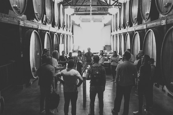 barrel, monochrome photography, winery, monochrome, mass production, crowd